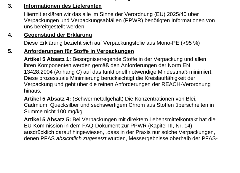 Ausschnitt einer erzeugten Erklärung nach Artikel 16 PPWR
