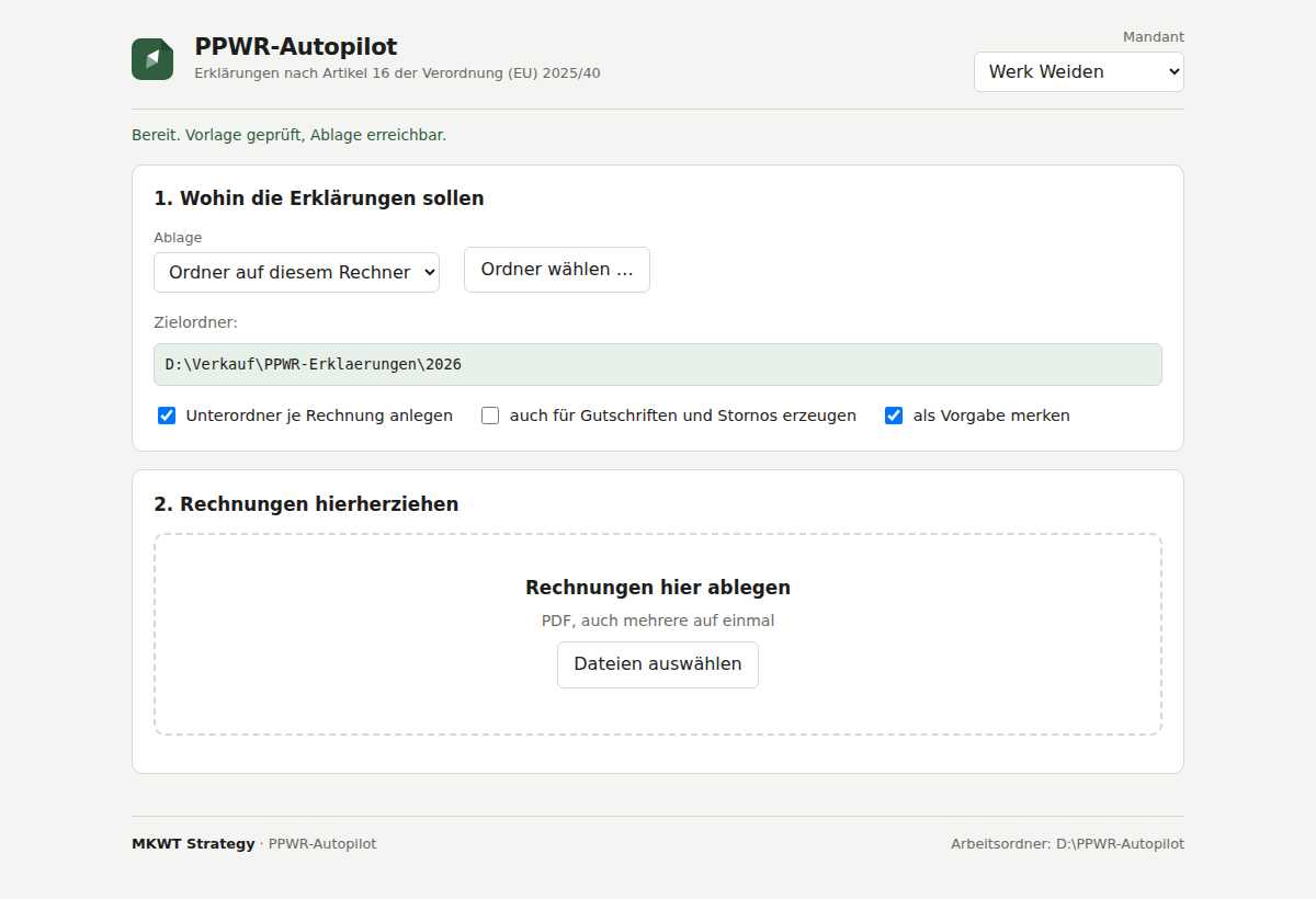 Programmfenster des PPWR-Autopiloten: Zielordner wählen, Rechnungen hineinziehen